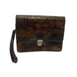 Patricia Nash Lanza Rose Tooled Leather Clutch Wristlet Brown Clasp Flap Small